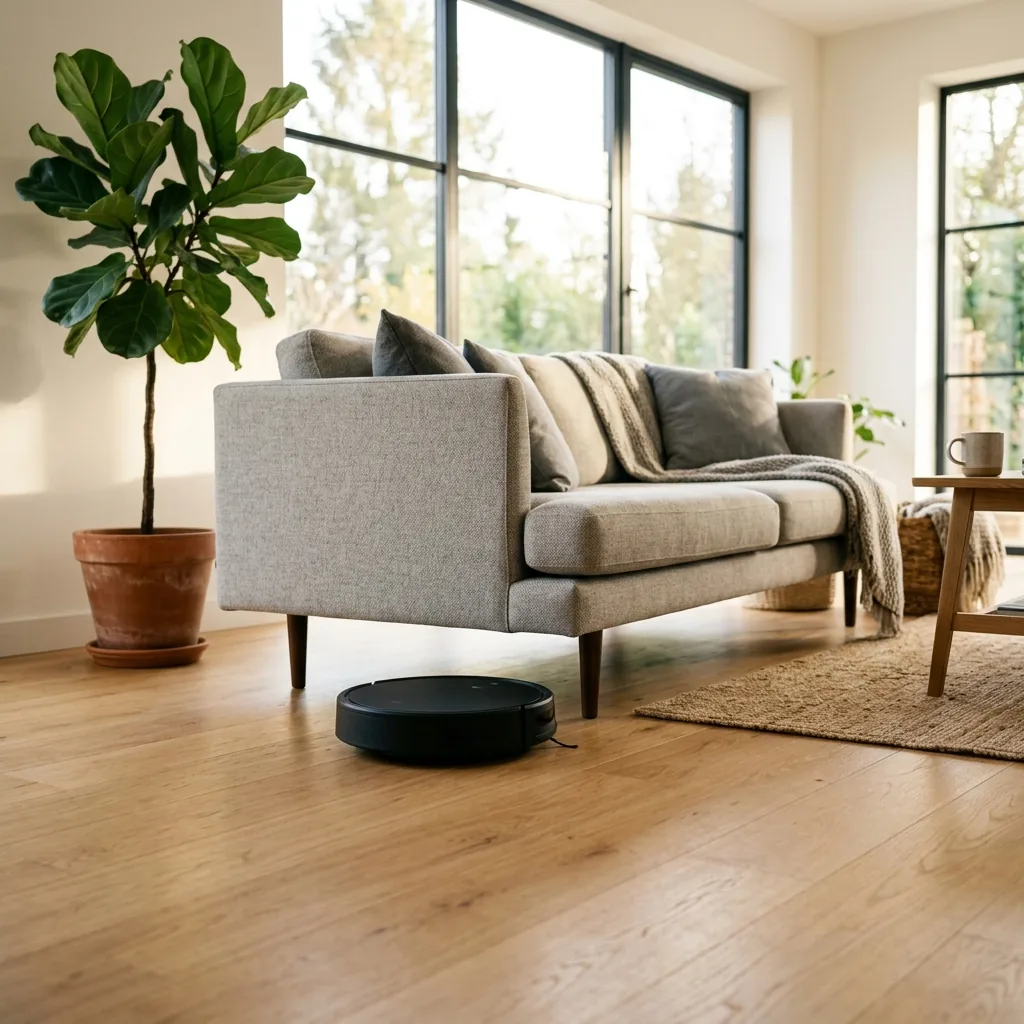 DustaPro Robotic Vacuum Operating Smoothly Under Living Room Furniture