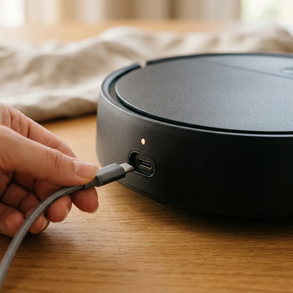 Step 1: Connecting USB charging cable into side port of DustaPro robot vacuum